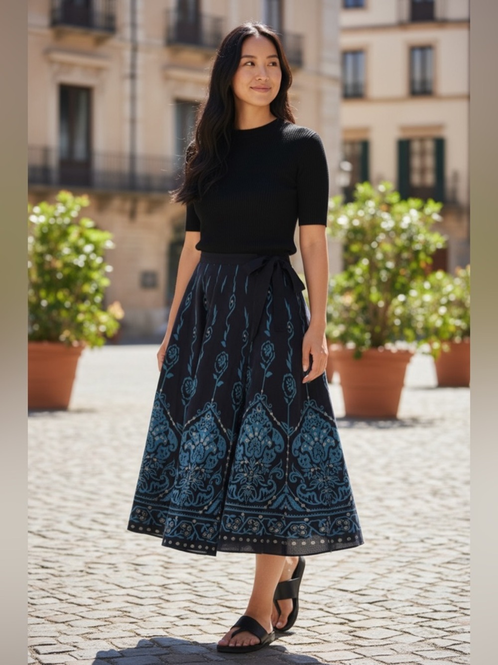 Axara Made in France Long Navy Teal & Gold Boho Hippie Skirt Cotton Size 8